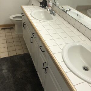 Double vanity and toilet in need of replacement (Before)